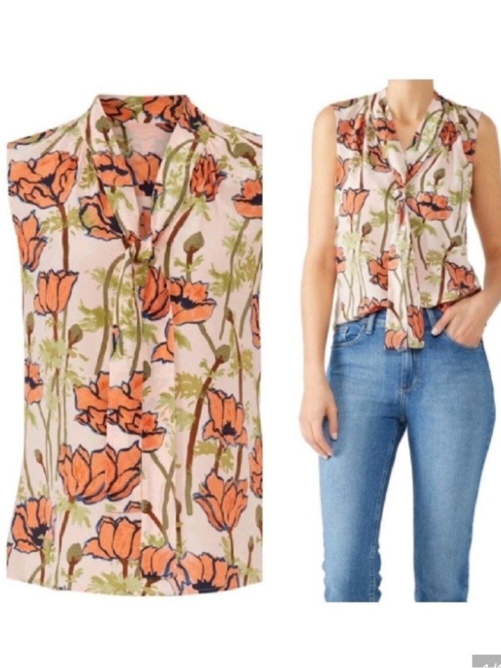 Tory Burch Floral Sleeveless Top with Tie Neck